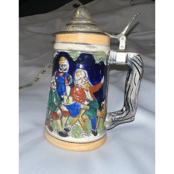Lidded Beer Stein with Pewter Lid Stonewear Pint Made In Japan - Picture 2 of 7